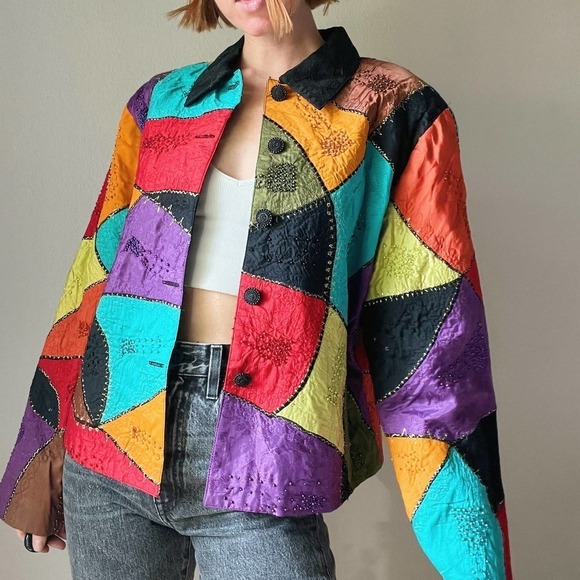 Vintage Jackets & Blazers - Vintage 1980/90s Funky Rainbow Tapestry Patchwork Lightweight Jacket
